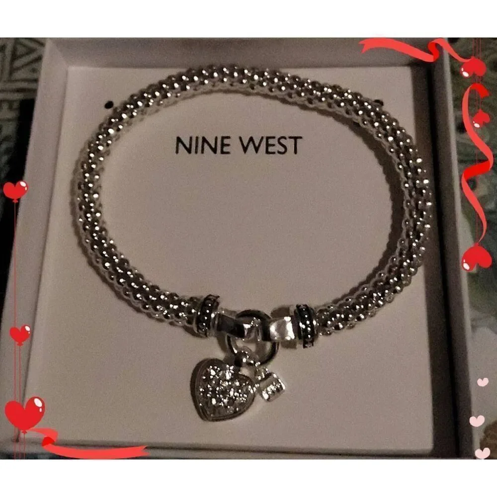 NIB~NINE WEST Silver Popcorn Chain Pave Crystal Heart Charm Bracelet